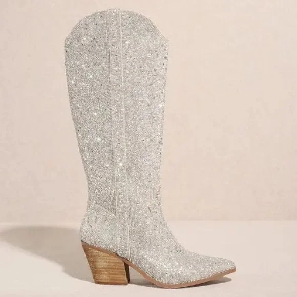MIIM Nashville Silver Rhinestone Embellished Heeled Fashion Tall Cowboy Boots - Picture 6 of 7